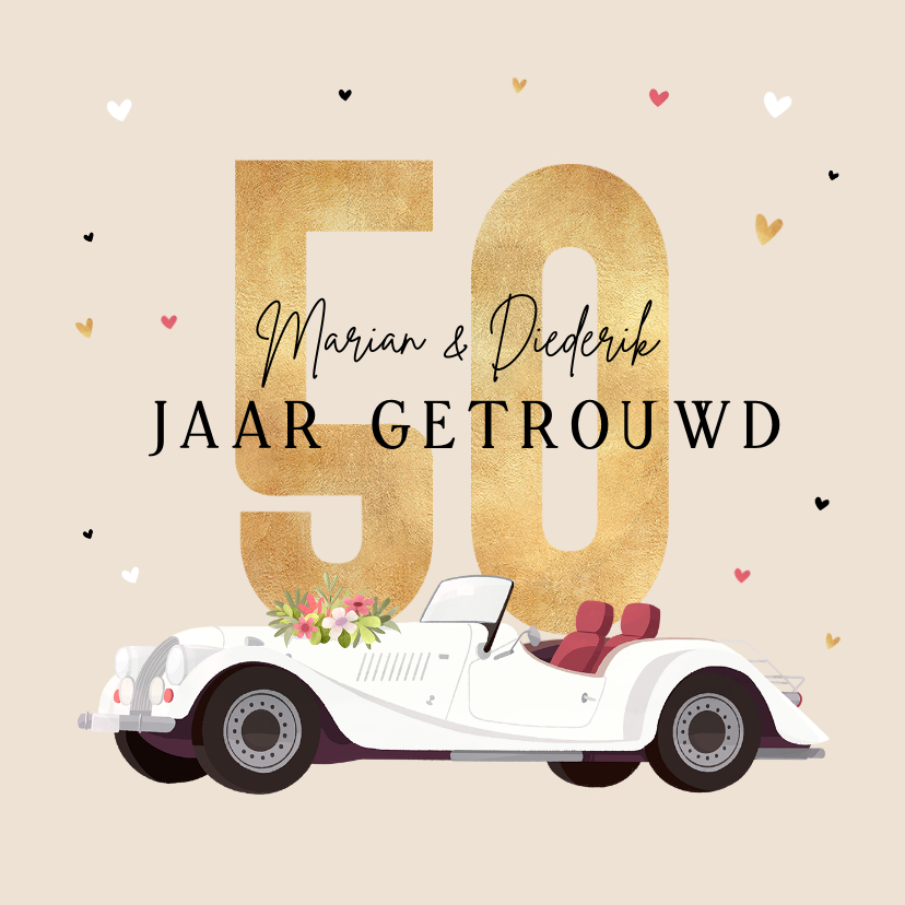 Jubileumkaarten - Uitnodigingskaart jubileum 50 jaar vintage oldtimer hartjes 