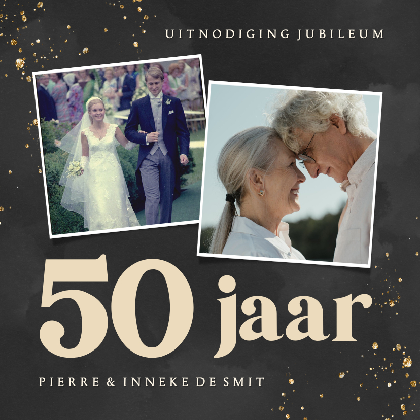 Jubileumkaarten - Zwarte jubileumkaart met gouden spetters en foto's 50 jaar