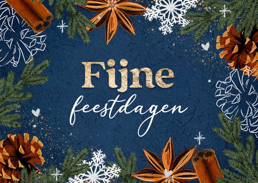 Kerstkaarten - Chique kerstkaart donkerblauw met winterse illustraties