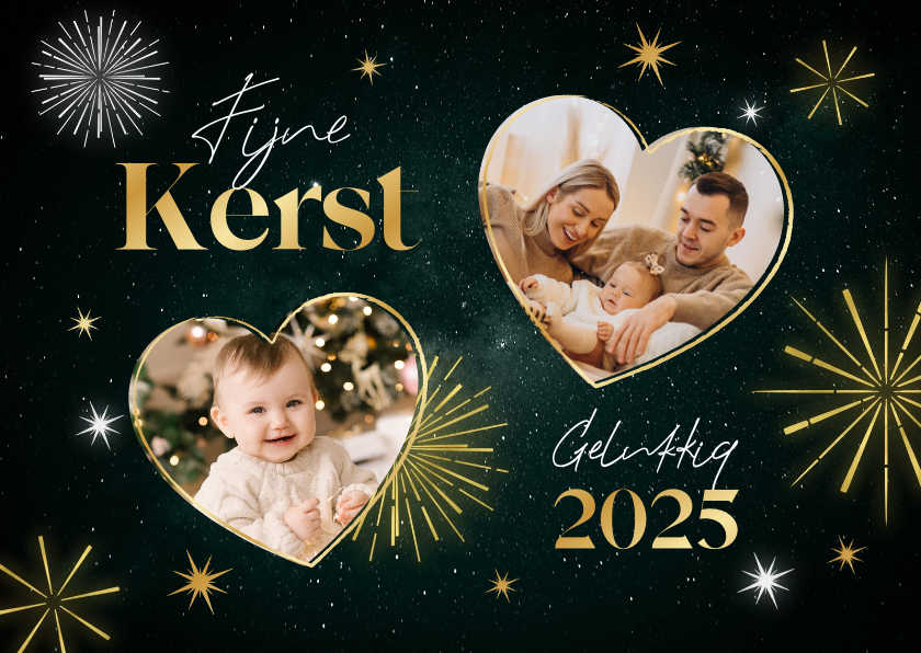 Kerstkaarten - Fijne kerst gelukkig 2025 kerstkaart vuurwerk sterren foto's