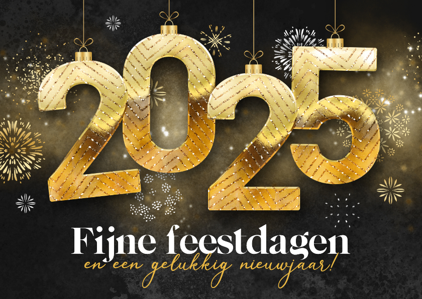 Kerstkaarten - Flitsende kerstkaart 2025 vuurwerk kerstballen goud