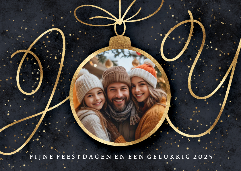 Kerstkaarten - Foto kerstkaart JOY in stijlvol goud