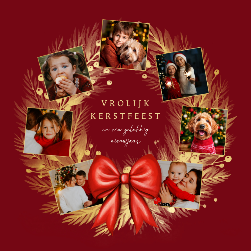 Kerstkaarten - Fotocollage kerstkaart gouden kerstkrans met rode strik 