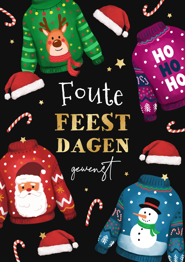 Kerstkaarten - Foute feestdagen kersttruien goud hip vrolijk kleurrijk