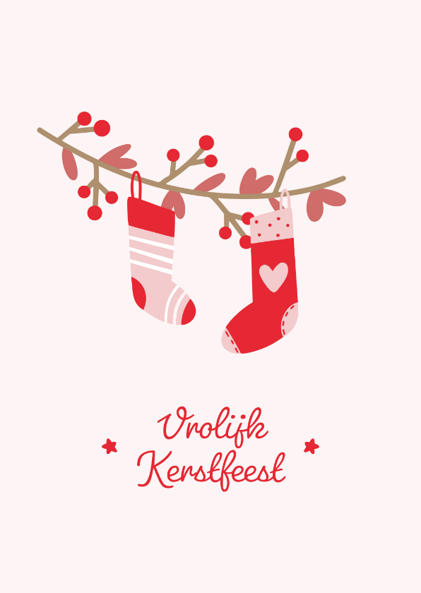 Kerstkaarten - Geïllustreerde kerstkaart met kerstsokken hangend aan tak