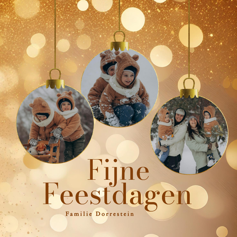 Kerstkaarten - Gouden kerstkaartjes met foto in kerstbal vorm en glitters