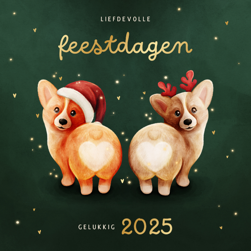 Kerstkaarten - Grappig kerstkaartje met twee corgis en hartjes