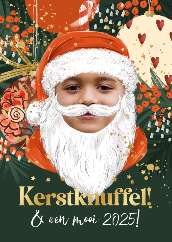 Kerstkaarten - Grappige fotokaart kerstknuffel kerstman kerstbal goud