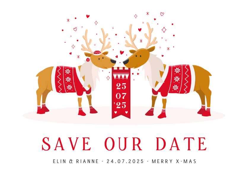 Kerstkaarten - Grappige kerst Save the Date kaart met rendieren illustratie