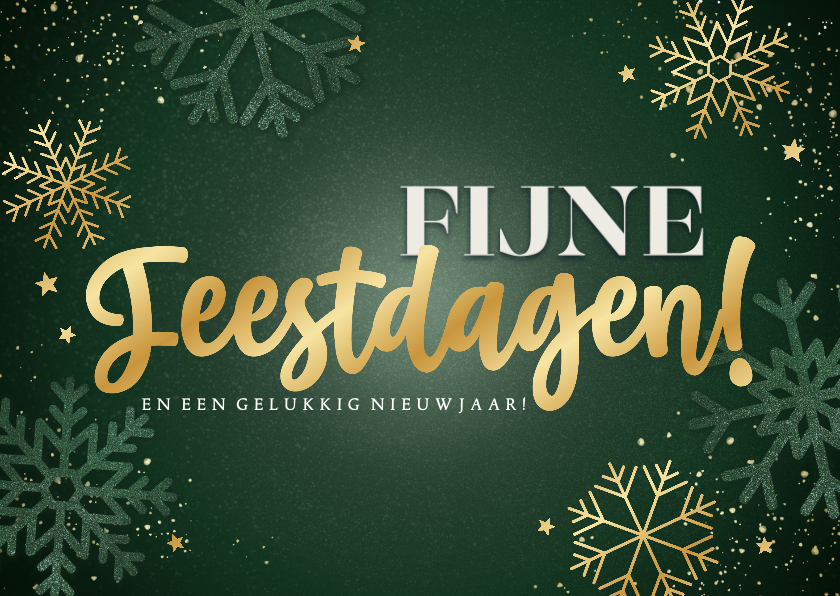 Kerstkaarten - Groene kerstkaart sneeuwvlokken sterren Fijne Feestdagen 