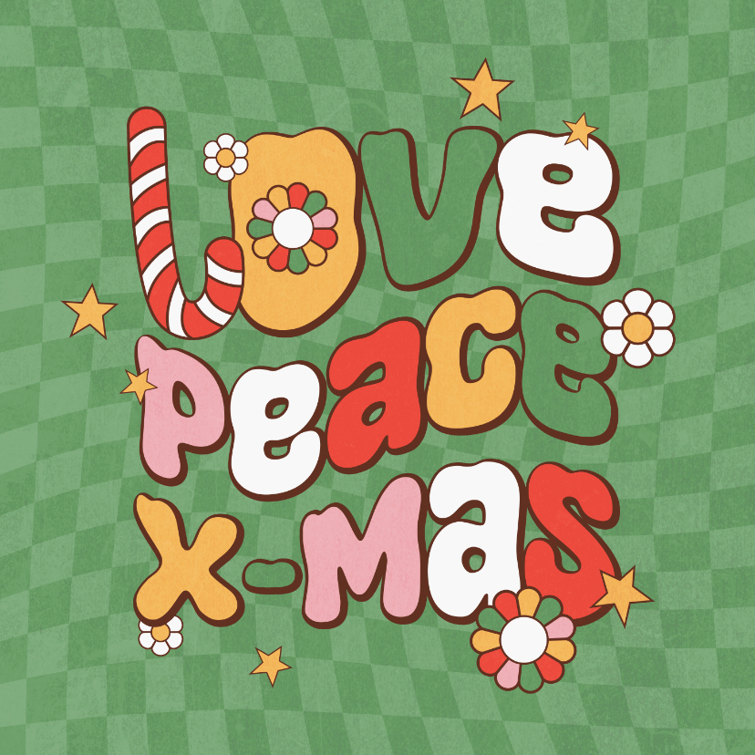 Kerstkaarten - Groovy funky kerstkaart love peace xmas flower power