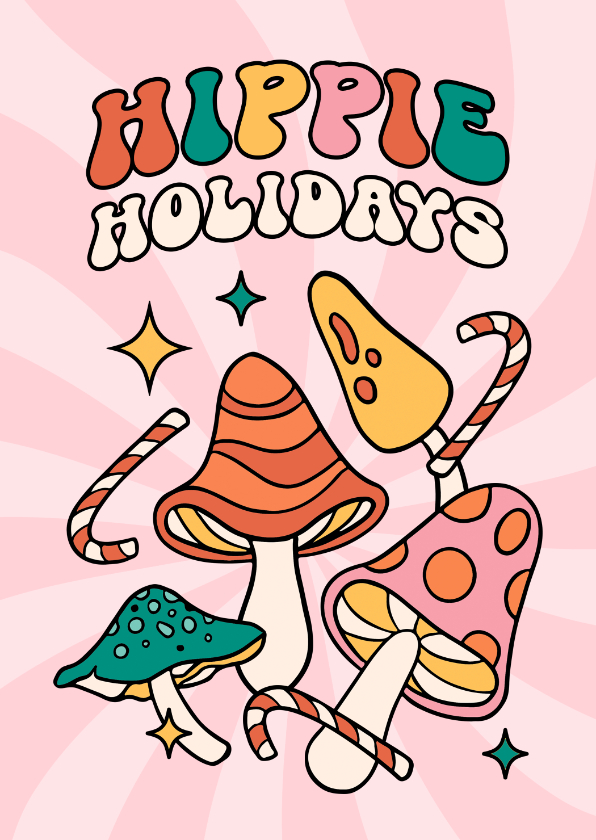 Kerstkaarten - Groovy kerstkaart hippie holidays paddestoelen illustratie