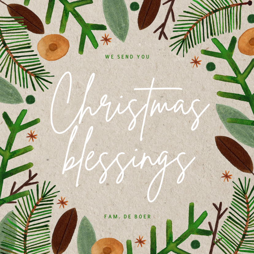 Kerstkaarten - Hippe kerstkaart Christmas Blessings groene takjes op papier