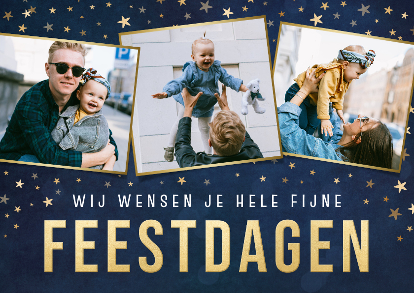 Kerstkaarten - Hippe kerstkaart met goudlook sterren en 3 eigen foto's