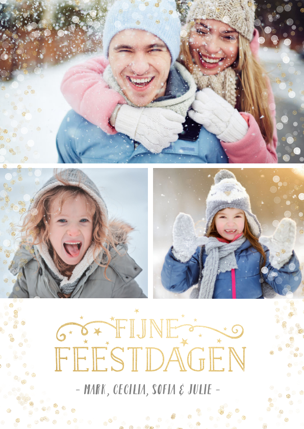 Kerstkaarten - Kerst fotocollage met 3 foto's en gouden confetti