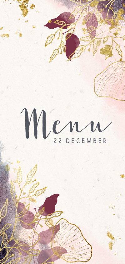 Kerstkaarten - Kerst menu stijlvol met waterverf en gouden bloemen