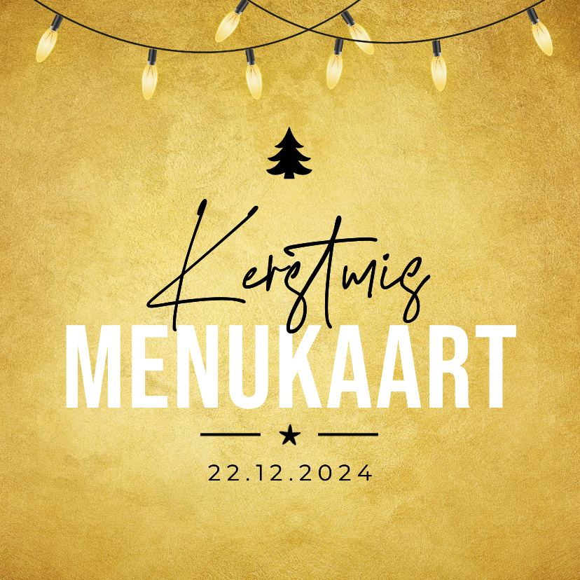 Kerstkaarten - Kerst menukaart lampjes kerstboom goud kerstdiner kerstmis