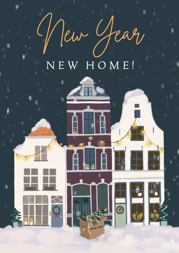 Kerstkaarten - Kerst verhuiskaart huizen in kerstsfeer