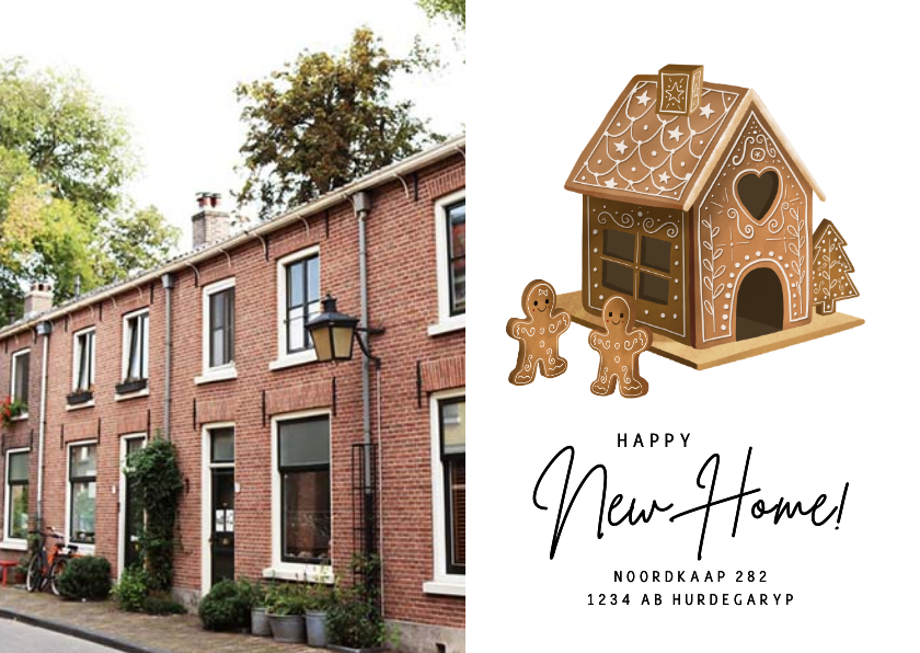 Kerstkaarten - Kerst verhuiskaart met gingerbread huisje en eigen foto