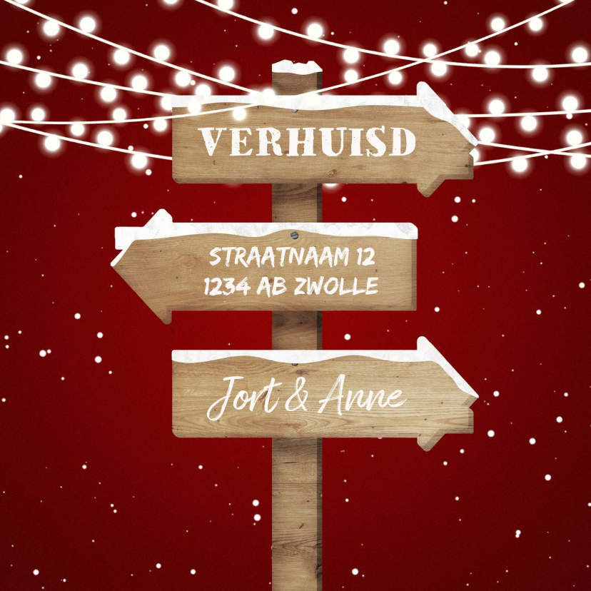 Kerstkaarten - Kerst-verhuiskaart met lampjes, sneeuw en wegwijzerbord