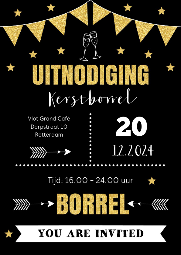 Kerstkaarten - Kerstborrel uitnodiging typografie goudlook