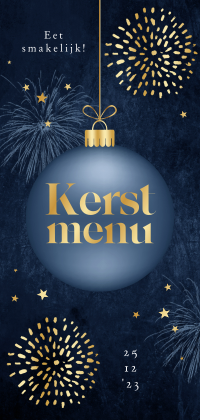 Kerstkaarten - Kerstdiner menukaart kerstbal goud vuurwerk sterretjes