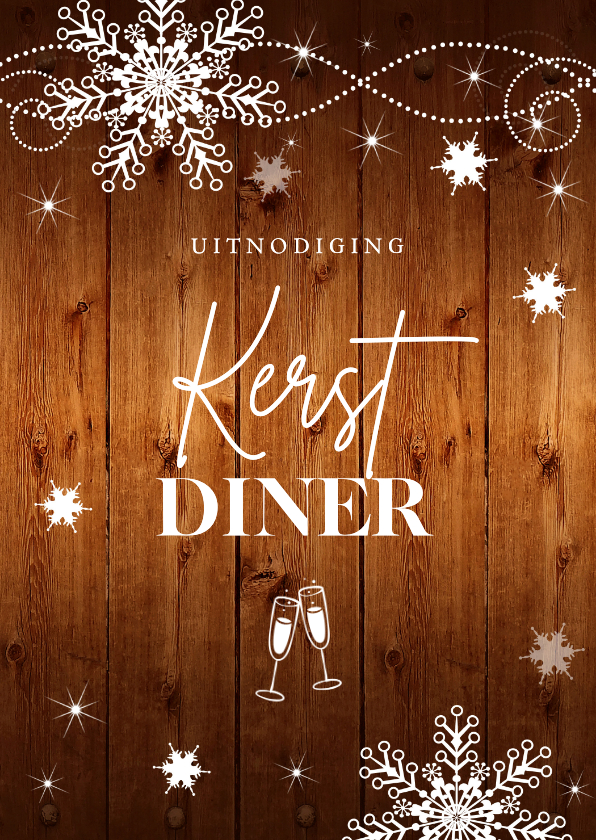 Kerstkaarten - Kerstdiner uitnodiging bruin sneeuwvlokken houtlook