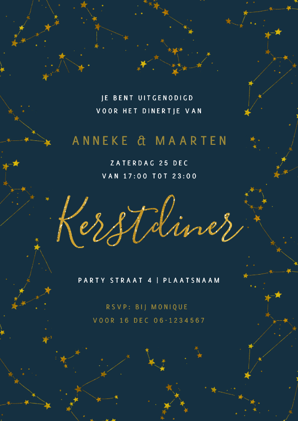 Kerstkaarten - Kerstdiner uitnodiging Goud Sterren nacht