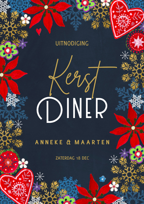 Kerstkaarten - Kerstdiner uitnodiging Goud