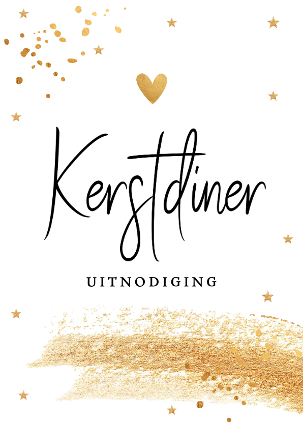 Kerstkaarten - Kerstdiner uitnodiging goudlook confetti brush