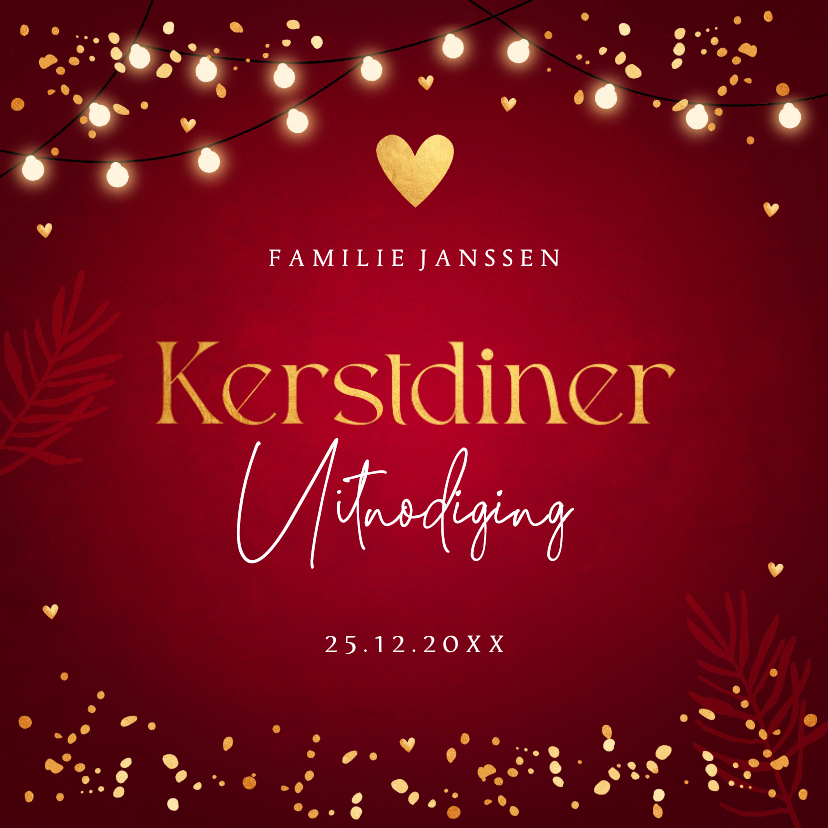 Kerstkaarten - Kerstdiner uitnodiging rood confetti goudlook