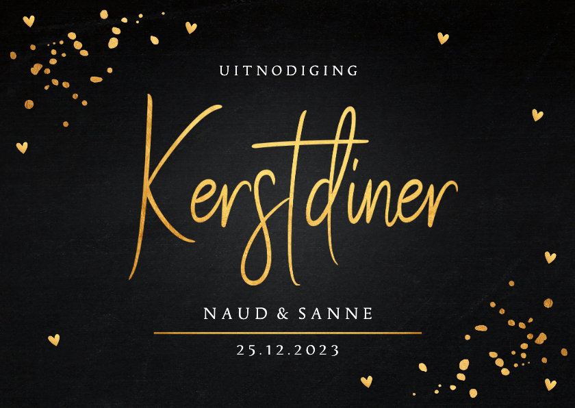 Kerstkaarten - Kerstdiner uitnodiging zwart goudlook confetti