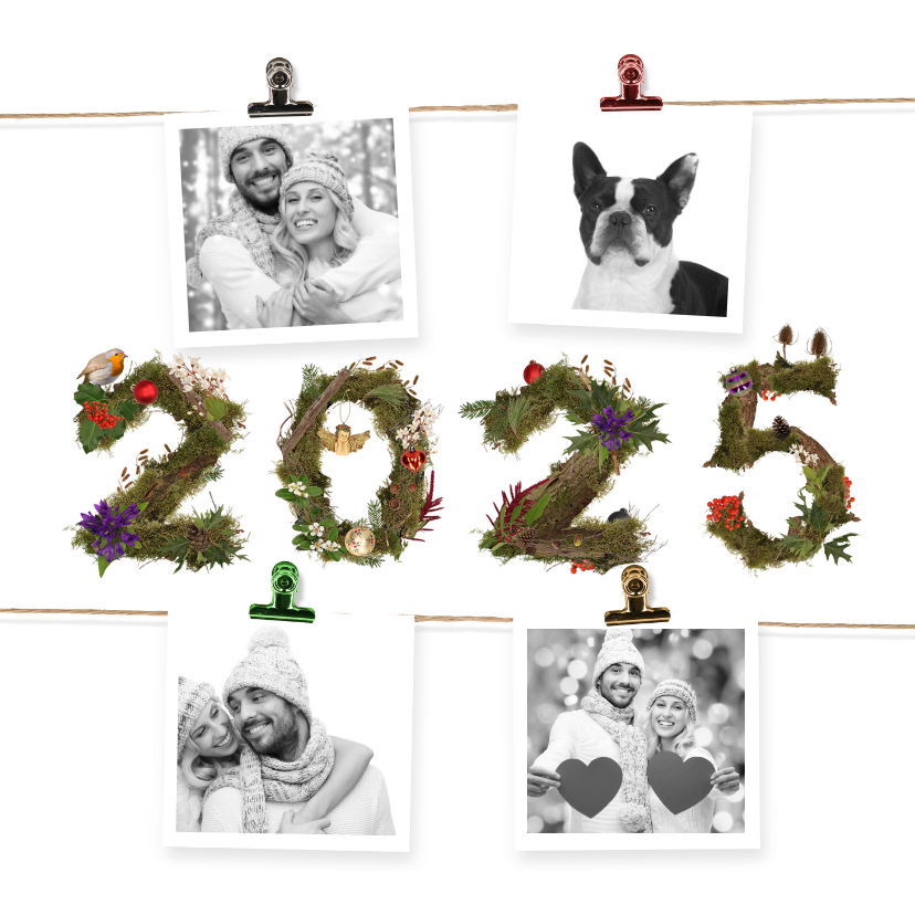 Kerstkaarten - Kerstkaart 4x foto aan jute touw 2025