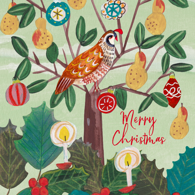 Kerstkaarten - Kerstkaart 'a partridge in a pear tree' illustratie