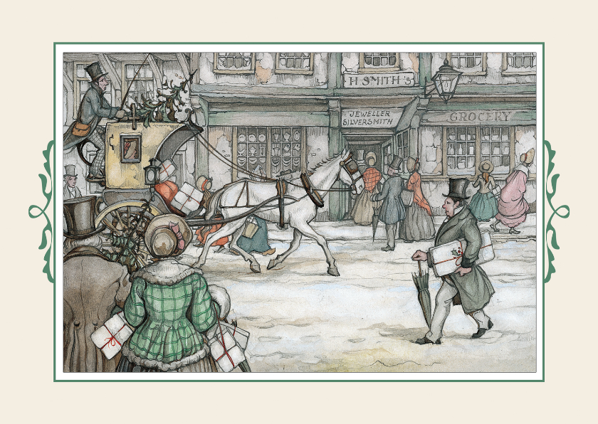 Kerstkaarten - Kerstkaart - Anton Pieck illlustratie postkoets in straat