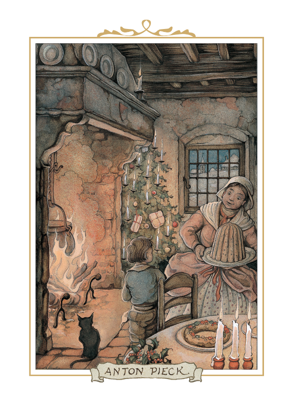 Kerstkaarten - Kerstkaart Anton Pieck illustratie kerst bij de open haard