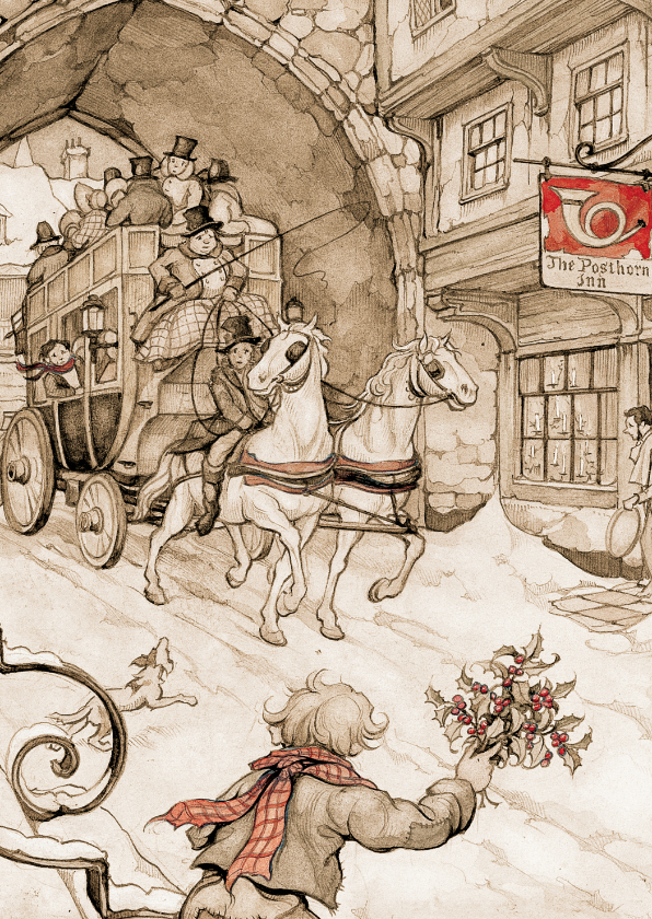 Kerstkaarten - Kerstkaart Anton Pieck postkoets sepia