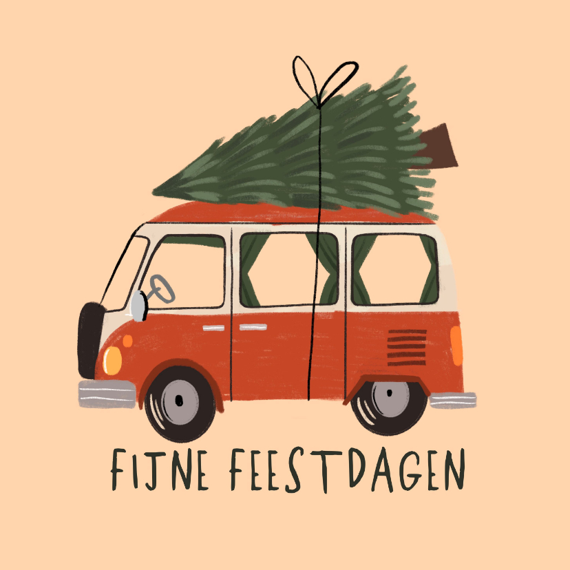 Kerstkaarten - Kerstkaart busje met kerstboom