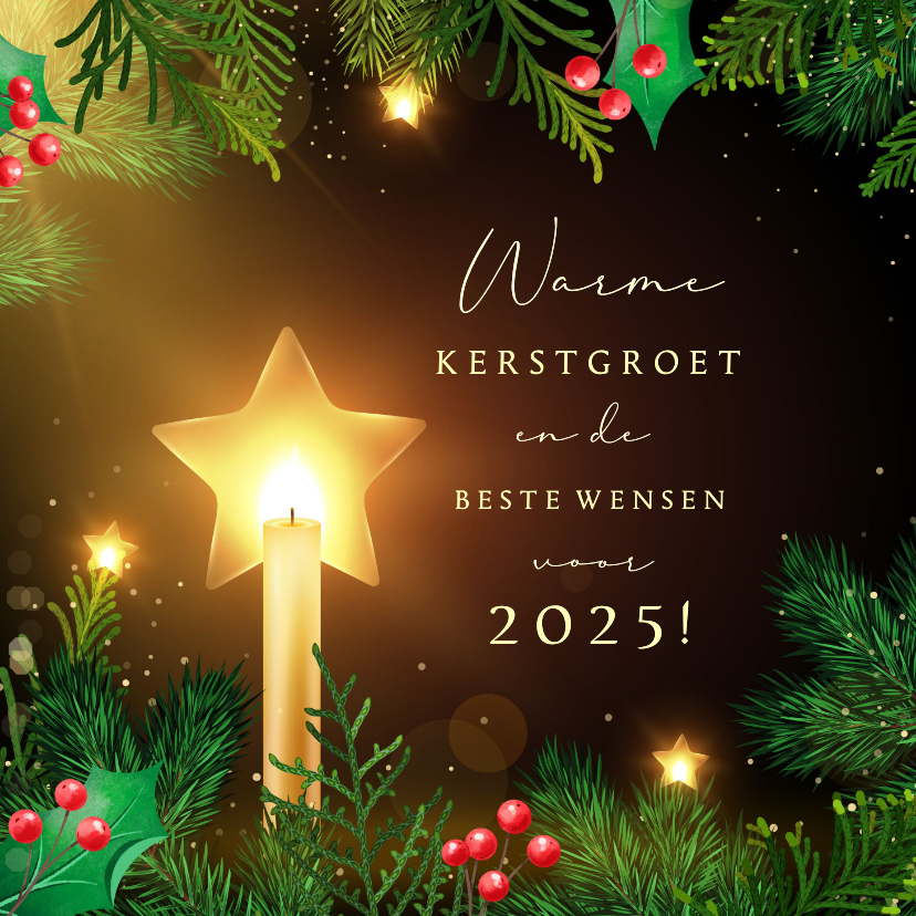 Kerstkaarten - Kerstkaart chique realistisch kerstgroen warm sterren licht