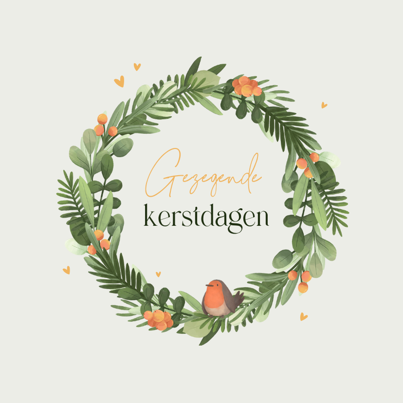 Kerstkaarten - Kerstkaart christelijk kerstkrans roodborstje hartjes 