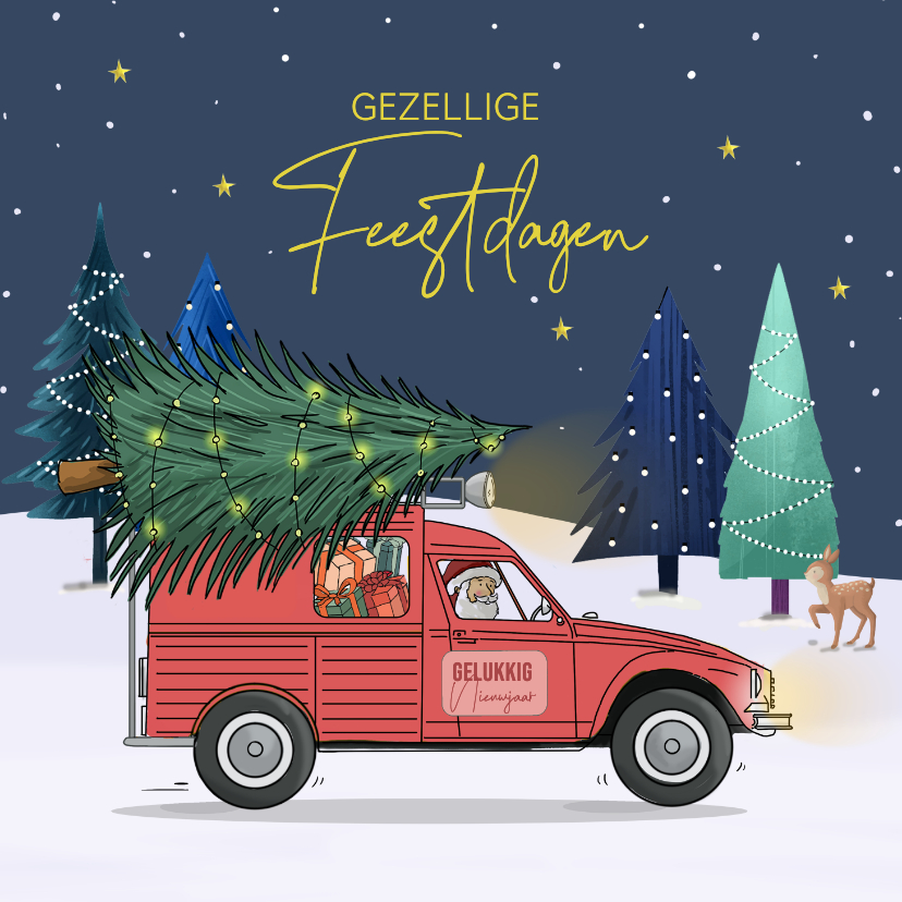 Kerstkaarten - Kerstkaart Citroën besteleend met kerstboom