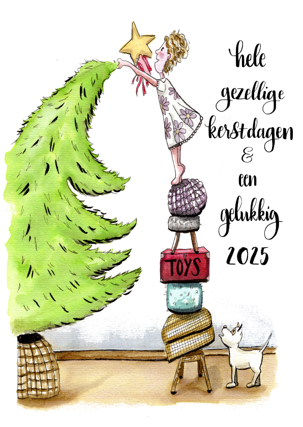 Kerstkaarten - Kerstkaart de boom wordt opgetuigd