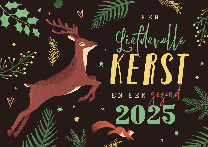 Kerstkaarten - Kerstkaart dieren hert eekhoorn wonderland bos