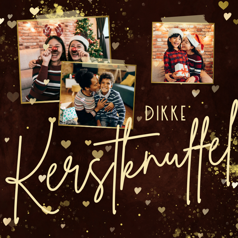 Kerstkaarten - Kerstkaart dikke kerstknuffel met 3 foto's en hartjes roest