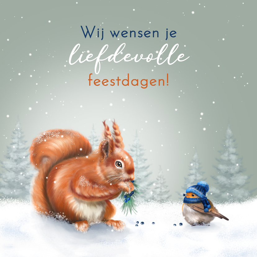 Kerstkaarten - Kerstkaart eekhoorn en roodborst