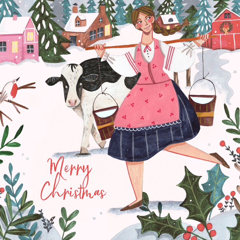 Kerstkaarten - Kerstkaart 'eight maids a milking' illustratie