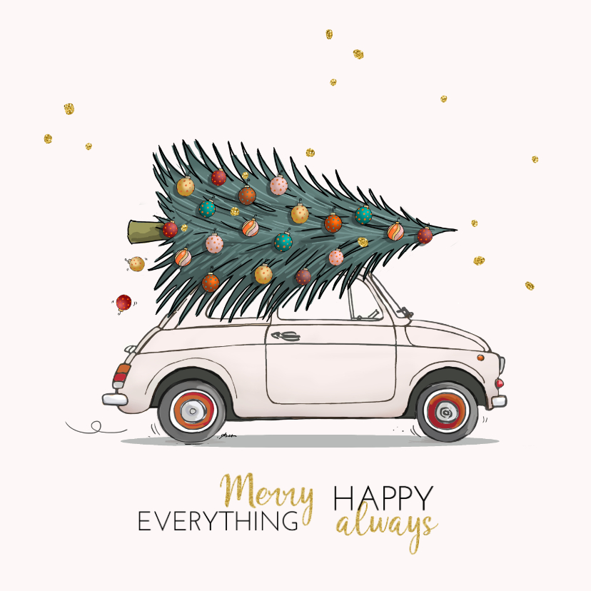 Kerstkaarten - Kerstkaart Fiat 500 wit met kerstboom