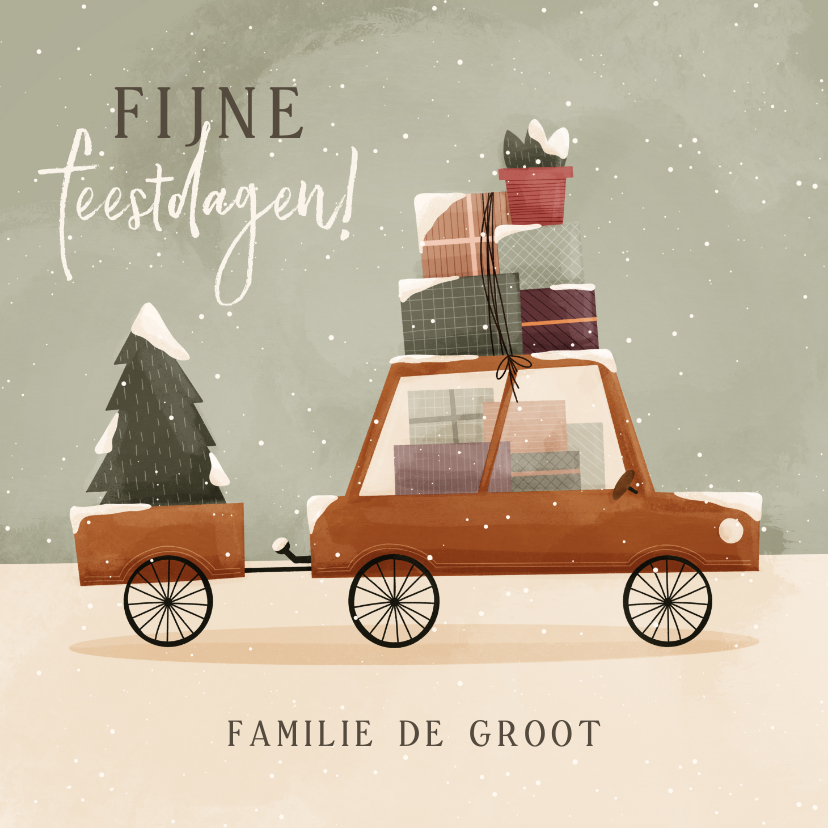 Kerstkaarten - Kerstkaart fijne feestdagen auto met dozen en kerstboom