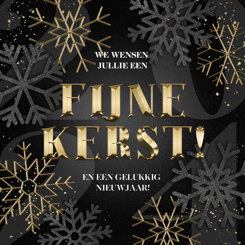 Kerstkaarten - Kerstkaart Fijne Kerst gouden sneeuwvlokken en jaartal 2025