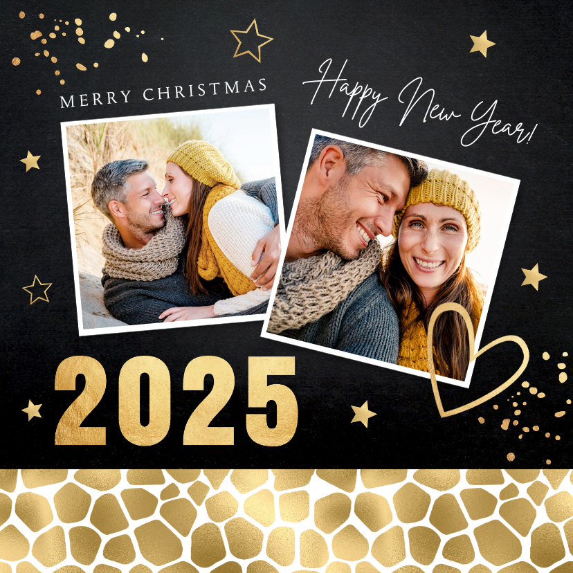 Kerstkaarten - Kerstkaart foto panterprint sterren confetti goudlook 2025